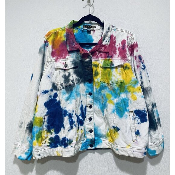 Taxi Jacket Womens 1X Tie Dye Trucker Pockets Boho Festival Hippie Granola - Picture 1 of 5